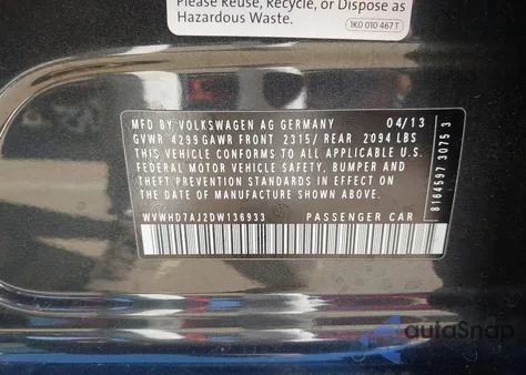 2013 Volkswagen Gti Drivers Edition from USA, damaged, VIN WVWHD7AJ2DW136933